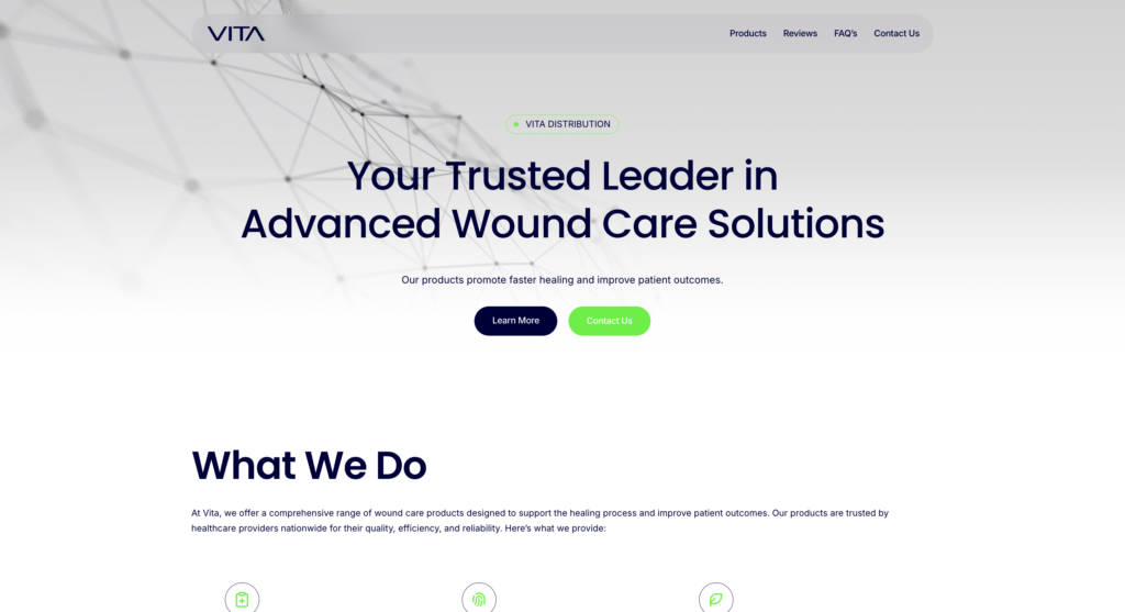 Vita Distribution website screenshot highlighting advanced wound care solutions and healthcare leadership